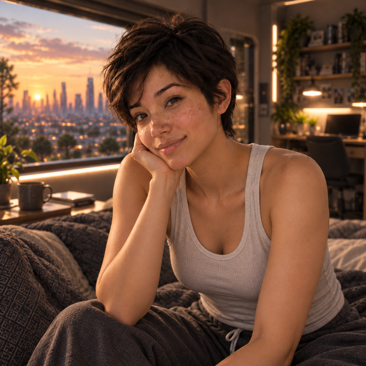 Mira Vale smiling in a sunlit room overlooking a futuristic city at sunset.