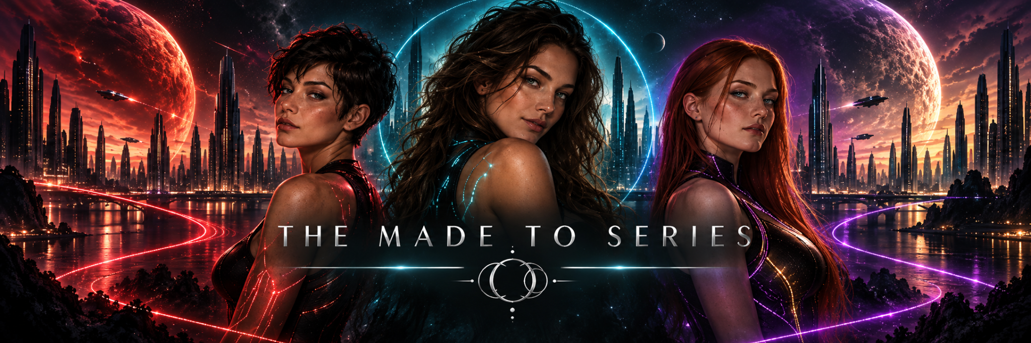 The Made To Series banner showing the three central women against red, cyan and violet futuristic city worlds.